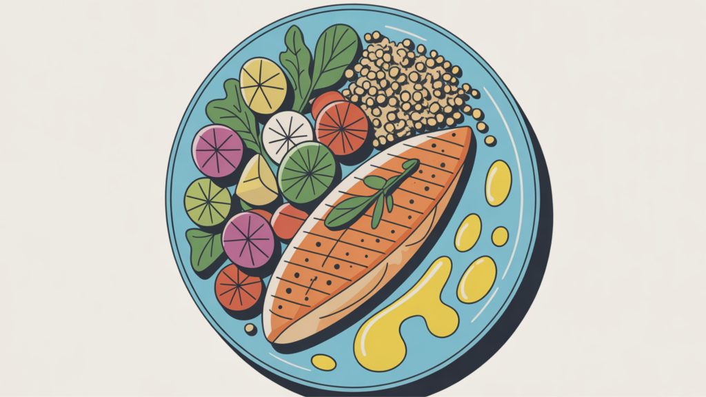 Mediterranean diet plate with grilled fish, quinoa, roasted vegetables, and olive oil