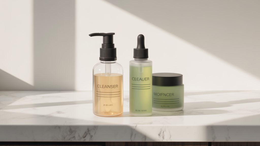Glow Naturally: 7 Science-Backed Skin Rituals Minimalist natural skincare products arranged on marble countertop with gentle cleanser serum and moisturizer