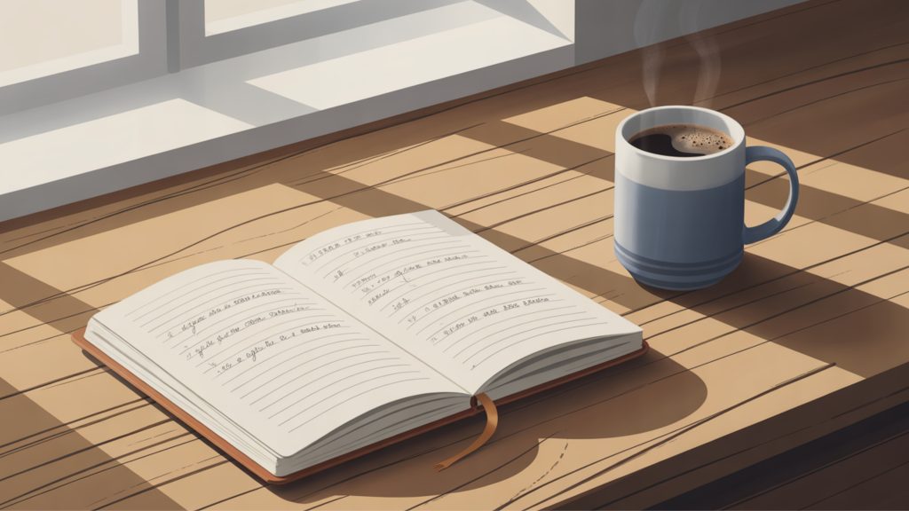 Gratitude journal showing daily emotional wellness habits with handwritten entries and morning coffee.