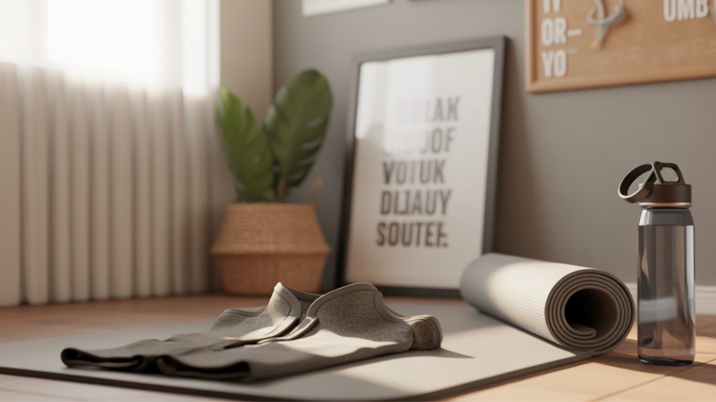 Prepared home workout environment showing how to start working out with organized equipment and motivational setup