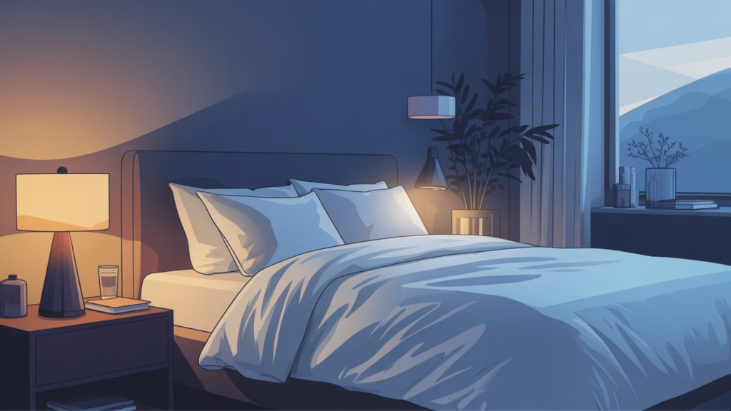 Peaceful bedroom setup with dim lighting promoting quality sleep for weight management.