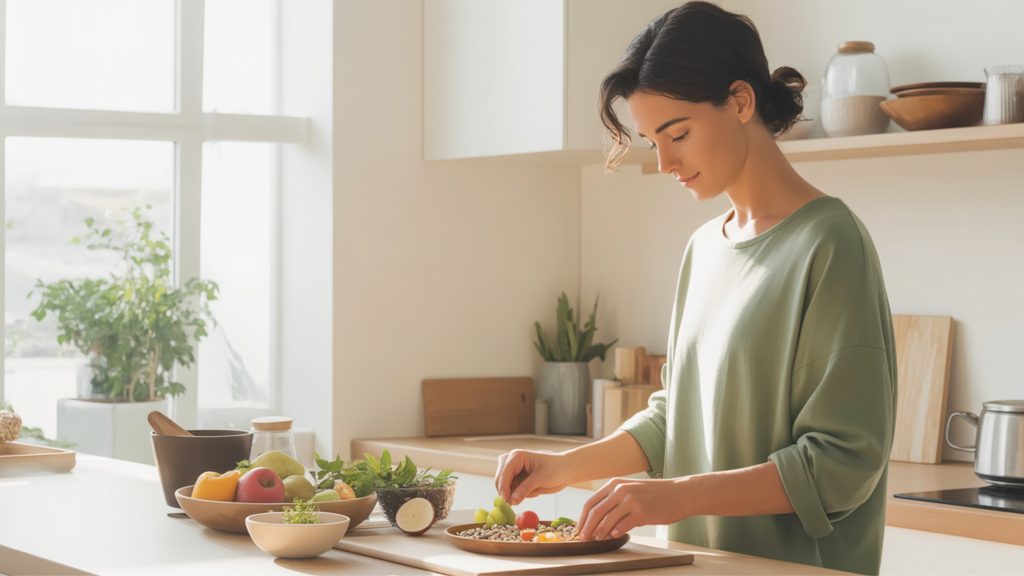 Mindful morning routine showing person applying meditation awareness to daily breakfast activities.