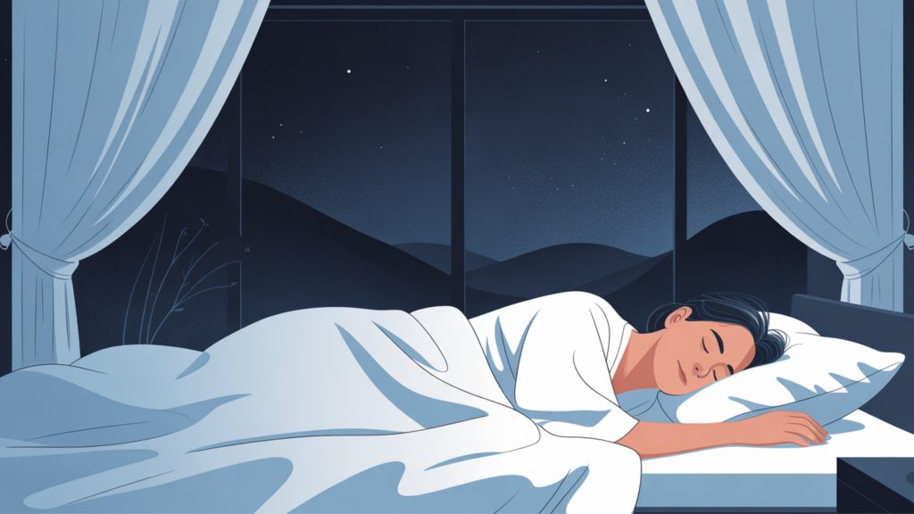 Adult sleeping peacefully in optimized bedroom environment with proper temperature and darkness.