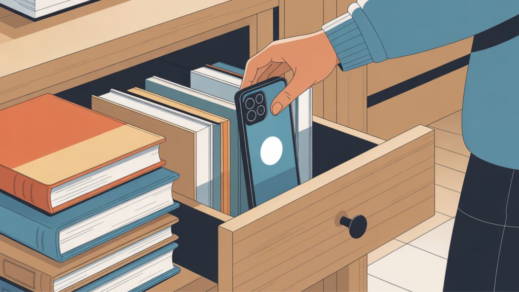 Adult practicing digital boundaries for emotional wellness by putting phone away and reading book.