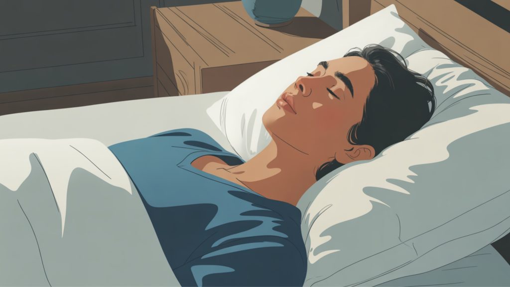 Adult practicing 4-7-8 breathing technique for better sleep and relaxation.