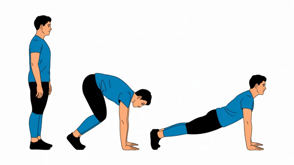 Inchworm exercise sequence for no-equipment home workouts demonstrating full-body movement pattern and proper execution