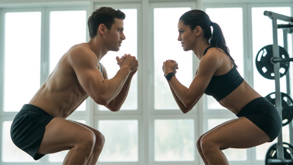 Partner workout demonstration showing synchronized squats for beginner accountability fitness routines at home