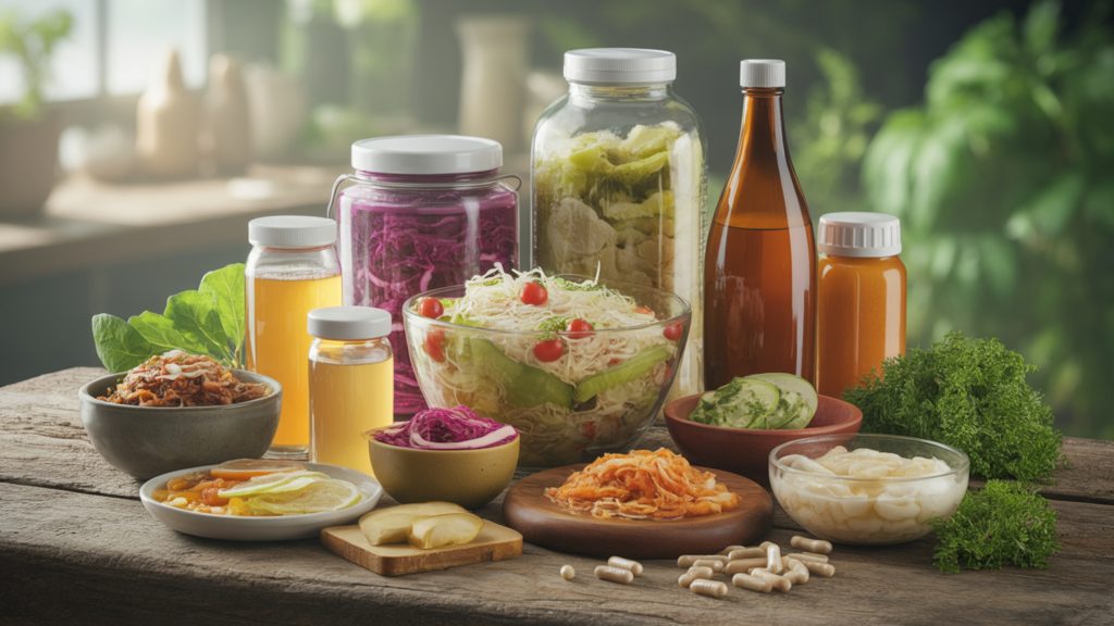 variety of fermented foods and probiotic supplements showing natural gut health options