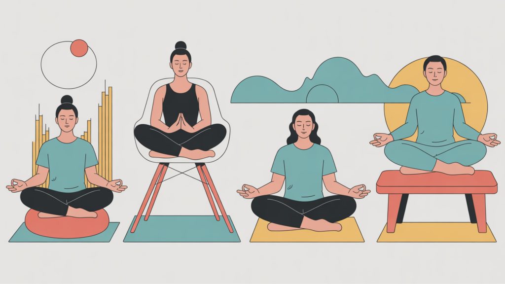 Different comfortable meditation positions for 10 minute morning meditation including chair and cushion options.