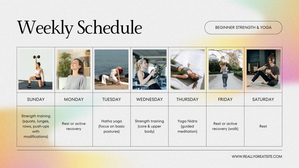 Beginner strength training for women weekly schedule showing full-body workout distribution and progressive training structure
