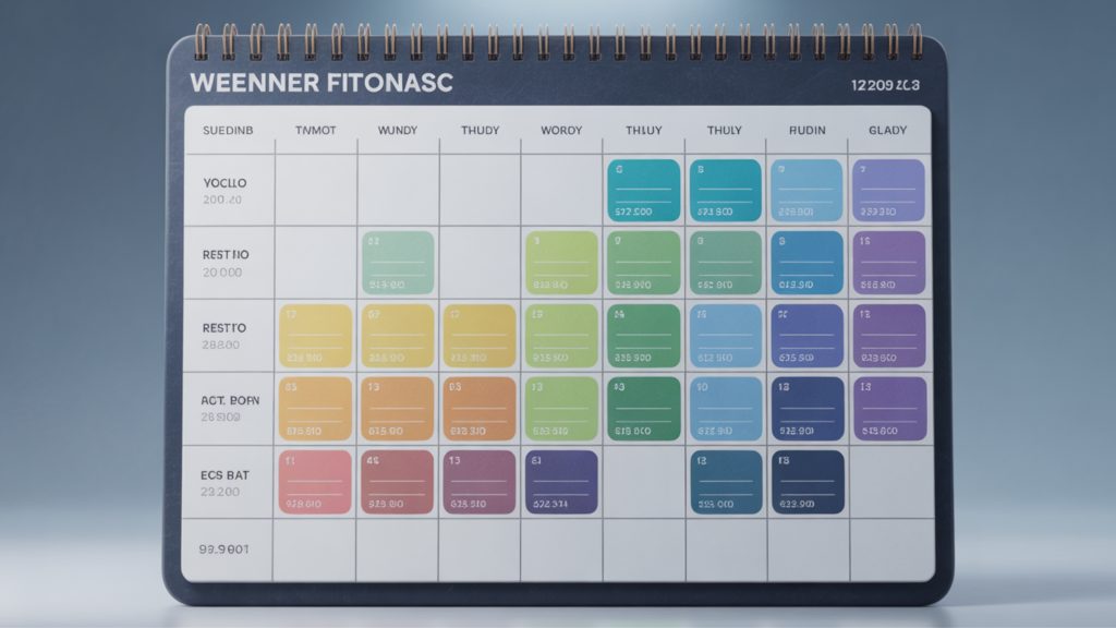 Weekly workout schedule template showing how to start working out with balanced exercise and rest day planning