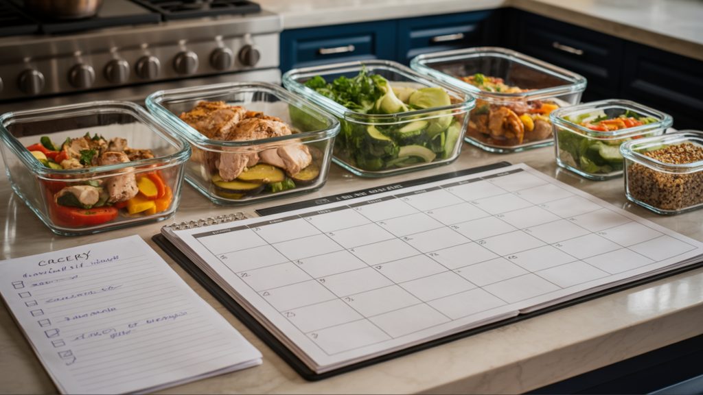 Colorful meal prep containers with balanced portions of protein vegetables and grains for weekly meal planning