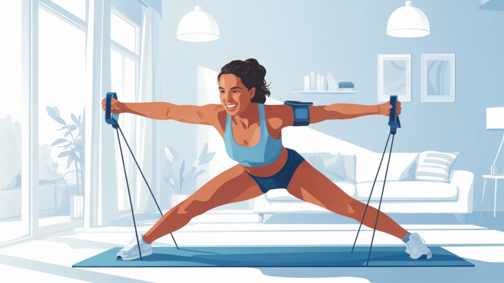 Woman doing home workout with resistance bands and bodyweight exercises.