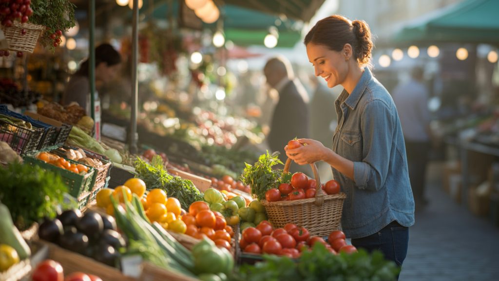 woman shopping for organic produce at farmers market following clean eating principles