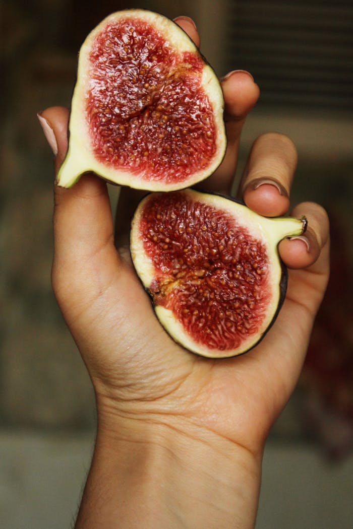 Close-up shot of fresh figs in hand, showcasing vibrant colors and natural texture.