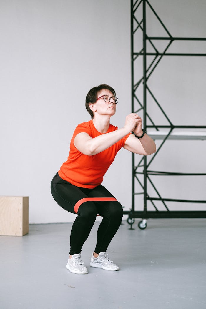 Athletic woman squatting in sportswear with a gray background indoors.