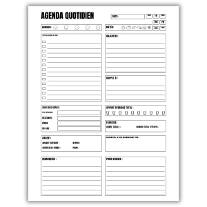 Page de planificateur quotidien minimal avec suivi de l’humeur, des objectifs, des repas, de l’argent et de l’eau