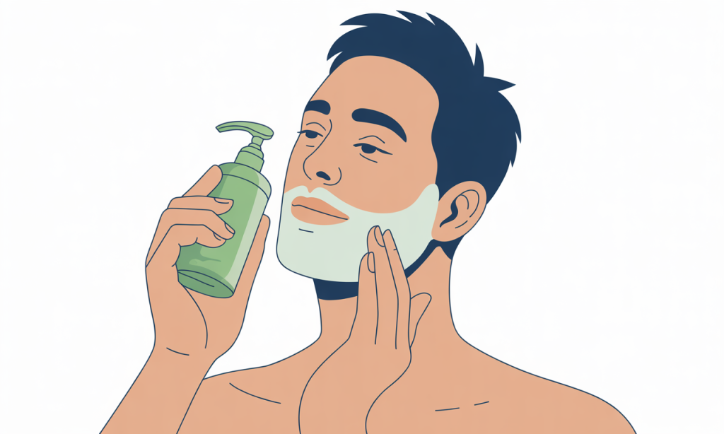A man applying aloe gel to his face after shaving.