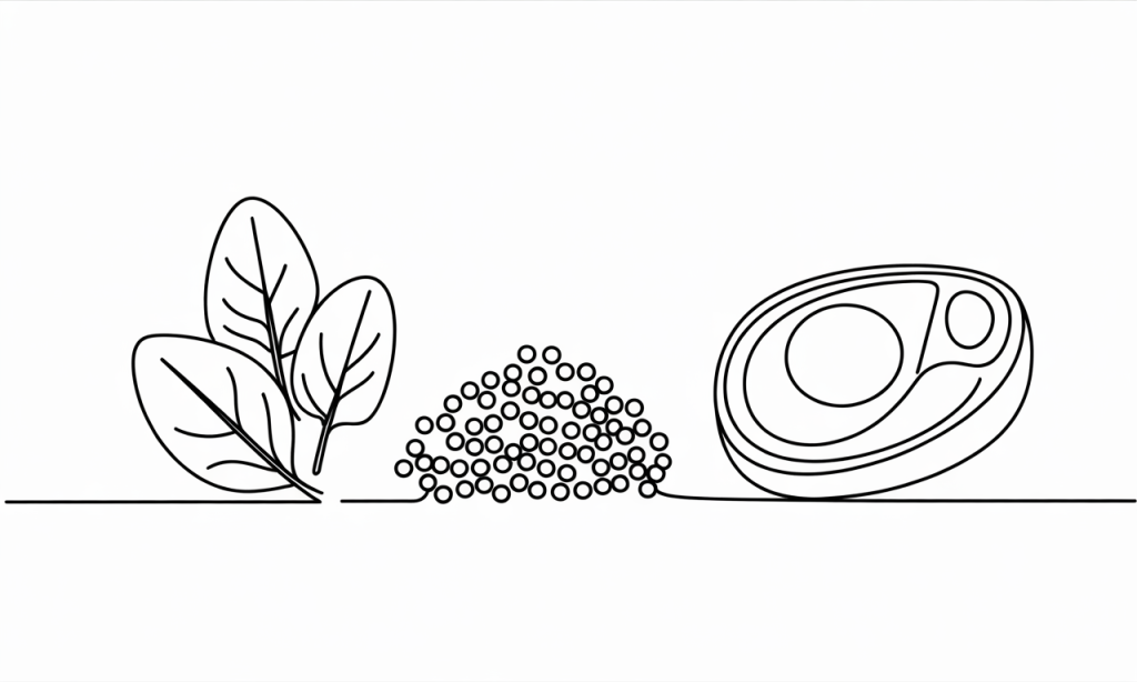 A variety of iron-rich foods including spinach, lentils, and red meat.