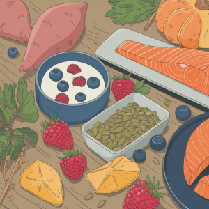 A beautiful arrangement of salmon, pumpkin seeds, berries, yogurt, and sweet potatoes on a rustic wooden table.