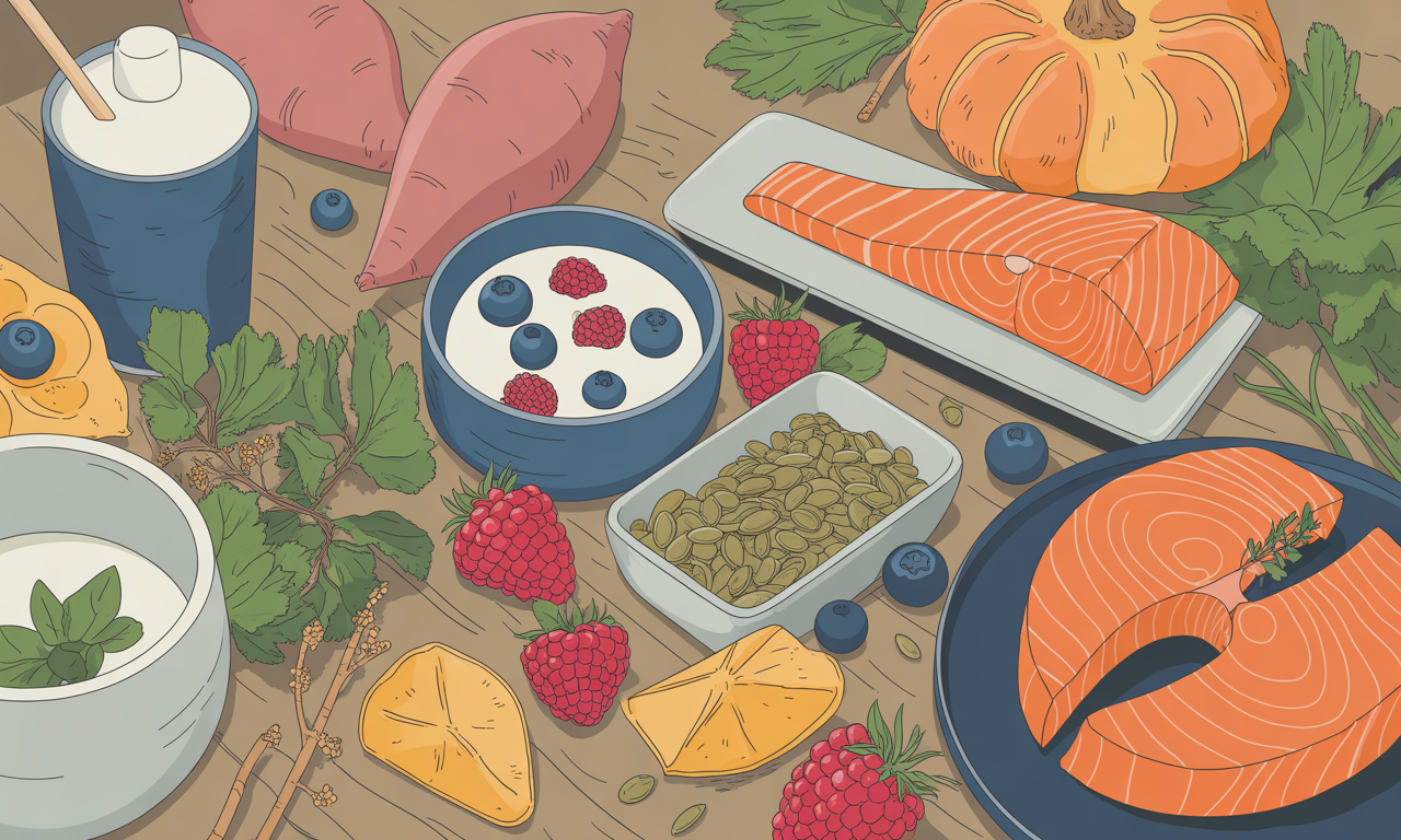 A beautiful arrangement of salmon, pumpkin seeds, berries, yogurt, and sweet potatoes on a rustic wooden table.