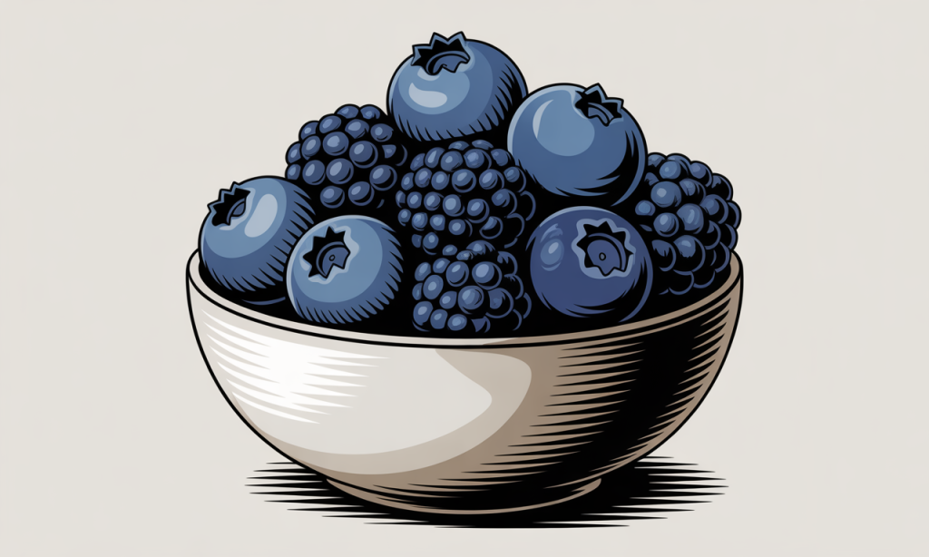 A handful of fresh blueberries and blackberries in a ceramic bowl.