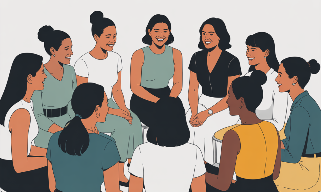 A group of diverse women sitting in a circle and talking.