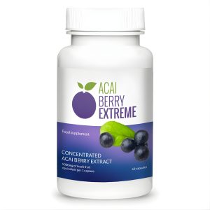 Acai Berry Extreme white bottle with purple acai berry graphics, showcasing an acai weight loss supplement in concentrated capsule form.