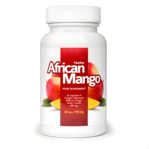 African Mango white bottle with red label and mango imagery, showcasing African mango extract capsules for natural weight loss and metabolic support.