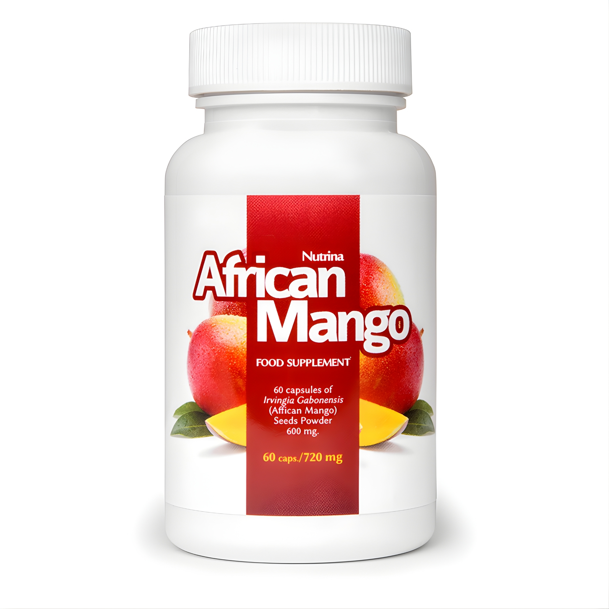African Mango Extract Slim Capsules African Mango white bottle with red label and mango imagery, showcasing African mango extract capsules for natural weight loss and metabolic support.