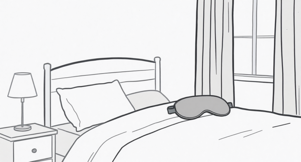 Peaceful bedroom setting with blackout curtains and a sleeping mask on the pillow, symbolizing good sleep hygiene.