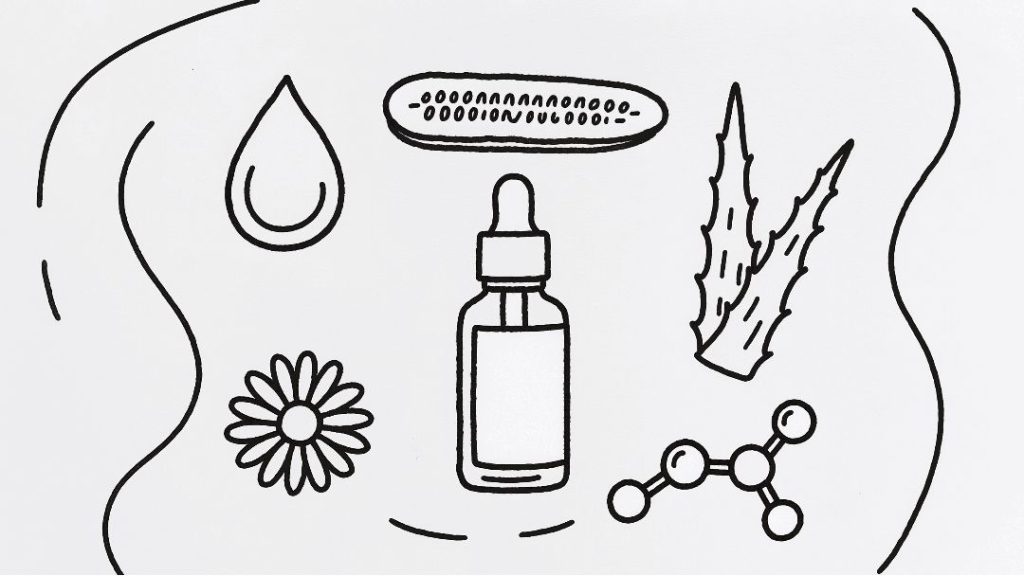 Beginner’s Guide to Retinol Without Redness Flatlay of beginner retinol serum surrounded by hydrating and soothing skincare ingredients.