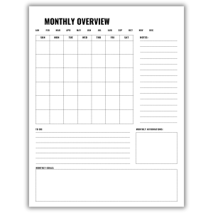 Black monthly calendar planner with overview grid, goals, affirmations, and task sections