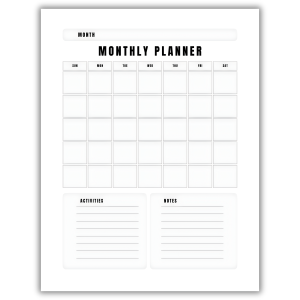Minimalist monthly planner grid with month header, activities, and notes sections.