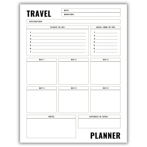 Travel itinerary planner page with destination, daily schedule, and expense tracker sections.