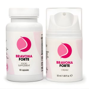 Bravona Forte natural bust enhancement capsules and cream set for fuller, firmer breasts and smoother décolleté.