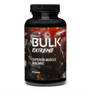 Bulk Extreme muscle growth booster black bottle with fiery label, designed to support testosterone, strength, and lean muscle building.