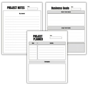 Business project planner pages with project notes, project planner, and business goals layouts
