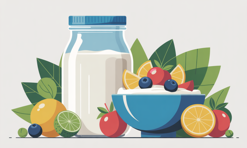 A glass jar of creamy kefir next to a bowl of yogurt topped with fresh fruit.
