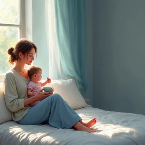 Calm new mother holding her baby while drinking tea by a window