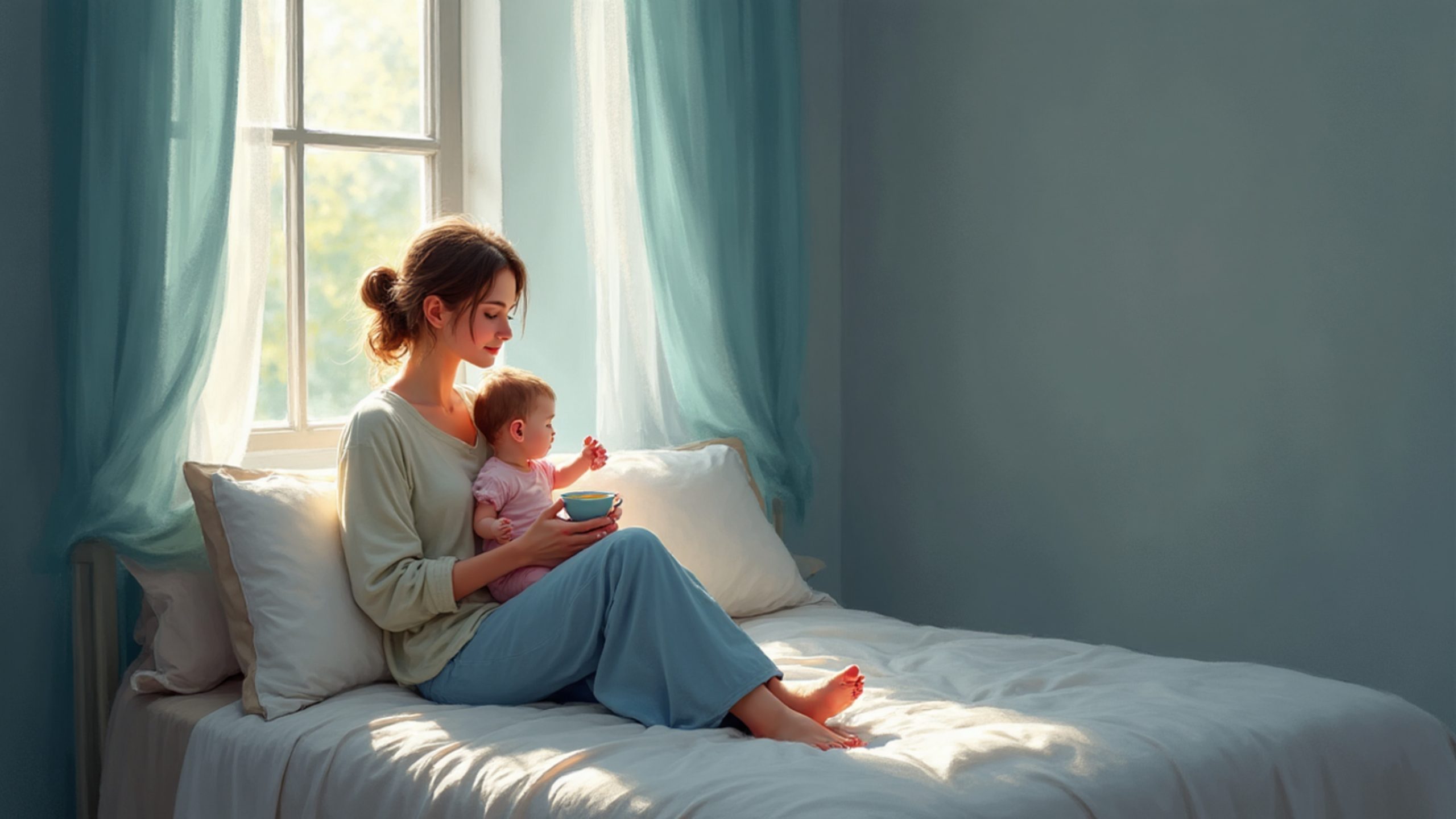 Calm new mother holding her baby while drinking tea by a window