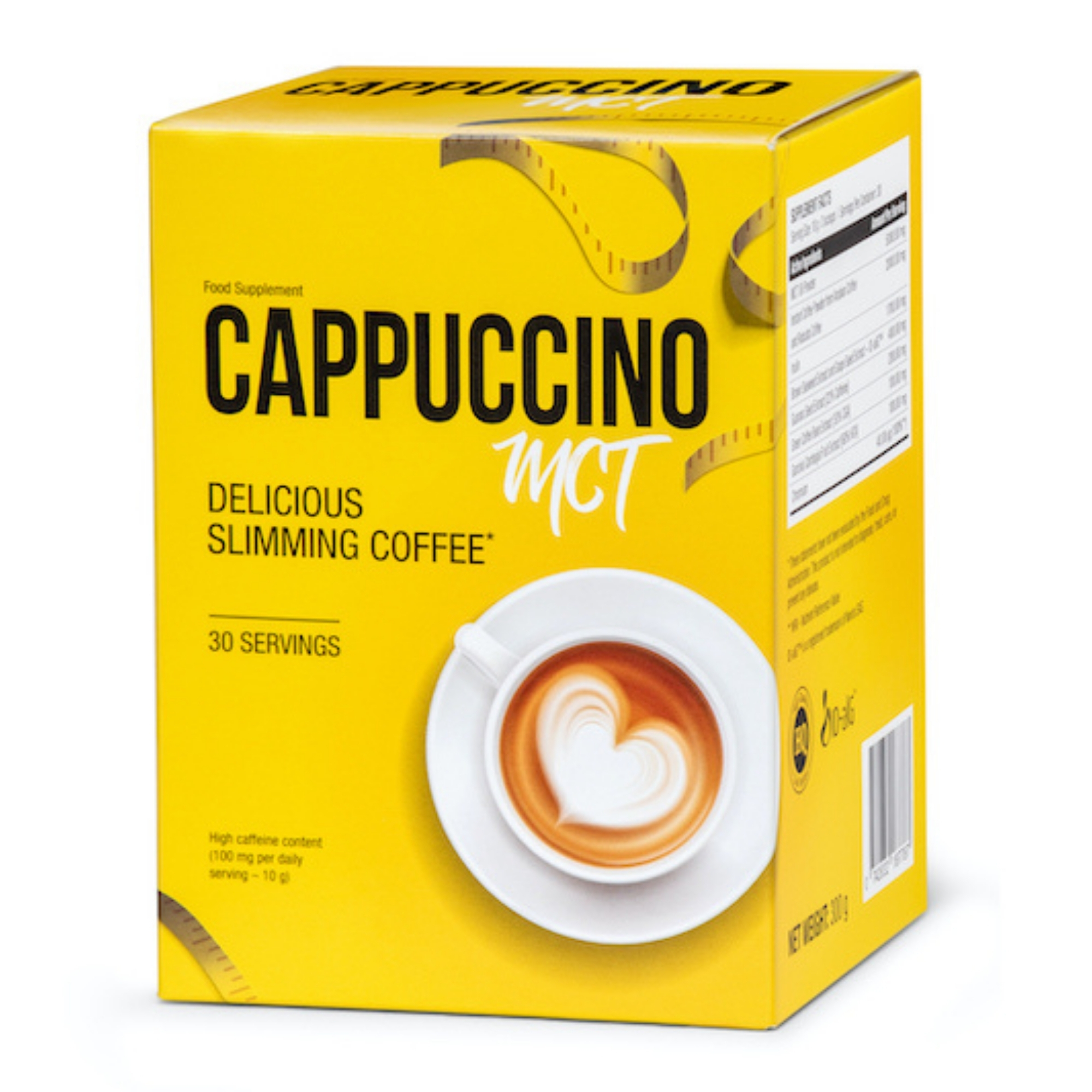 cappuccino mct slimming coffee drink Cappuccino MCT yellow tub and box showing cups of coffee, presenting a creamy slimming coffee drink for fat loss and energy.