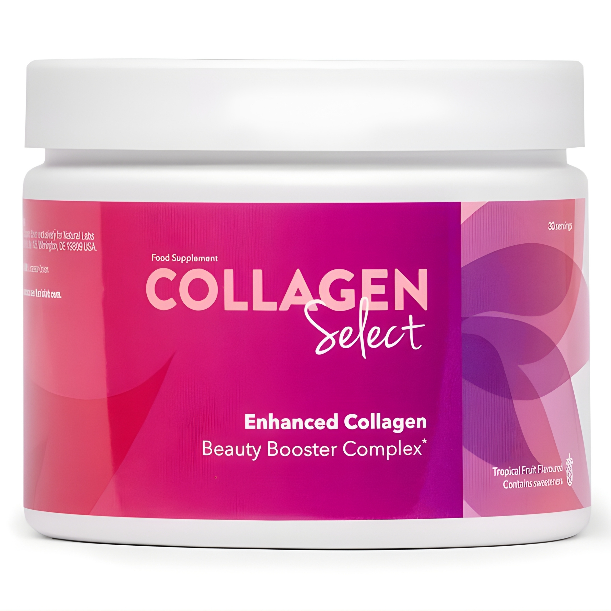 Collagen Select collagen beauty booster tub with pink label, featuring Verisol collagen drink for smoother skin and reduced wrinkles.