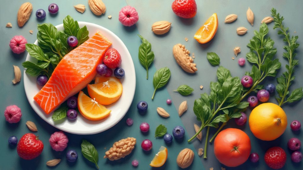 7 Proven Ways to Stop Hair Thinning Fast Naturally Colorful plate with salmon, leafy greens, nuts, and berries showing anti-inflammatory foods for hair health