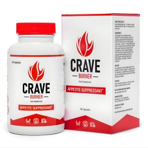 Crave Burner appetite control formula bottle and box with red flame logo, showcasing capsules for cravings reduction and weight management support.