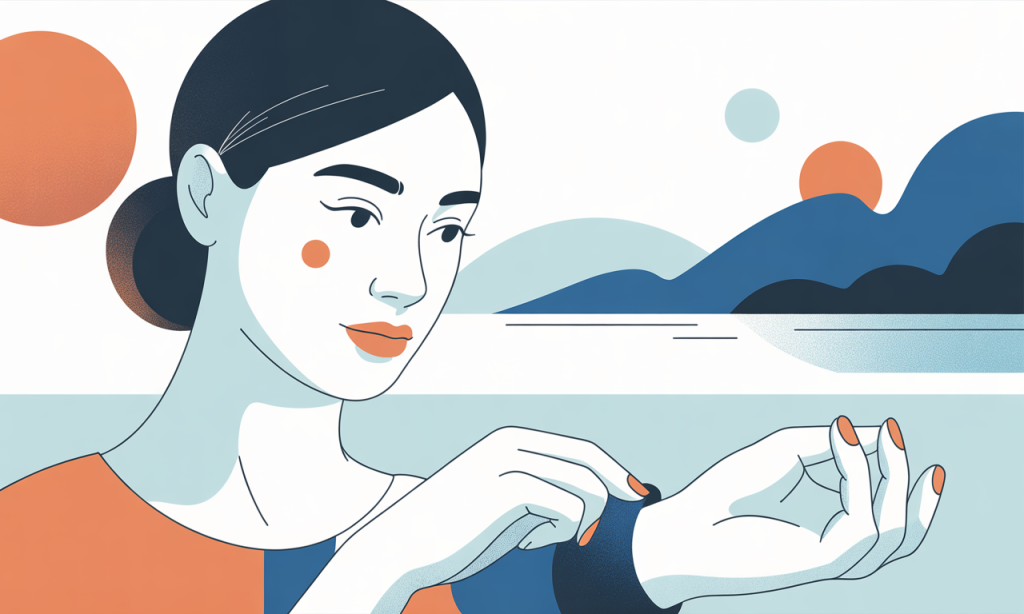 A woman checking her pulse on her wrist.