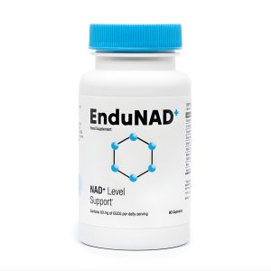 EnduNAD NAD booster supplement white bottle with blue cap, NAD booster supplement capsules for cellular energy and healthy aging.