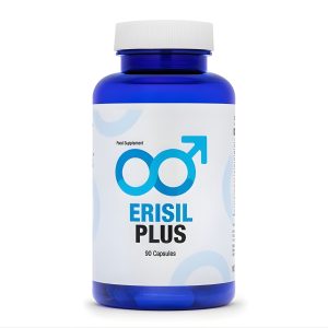 Erisil Plus male performance booster blue bottle with male symbol, male performance booster capsules for erections, libido, and prostate health.