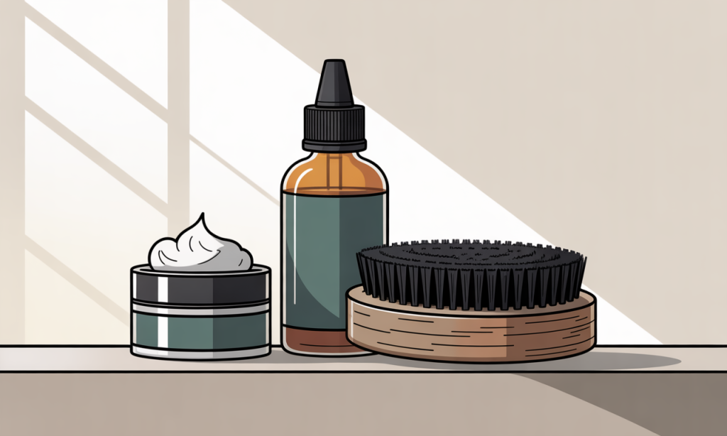 Essential beard grooming tools including beard oil, brush, and balm for preventing beardruff