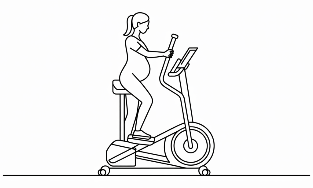 Pregnant woman using an elliptical machine with proper hand placement